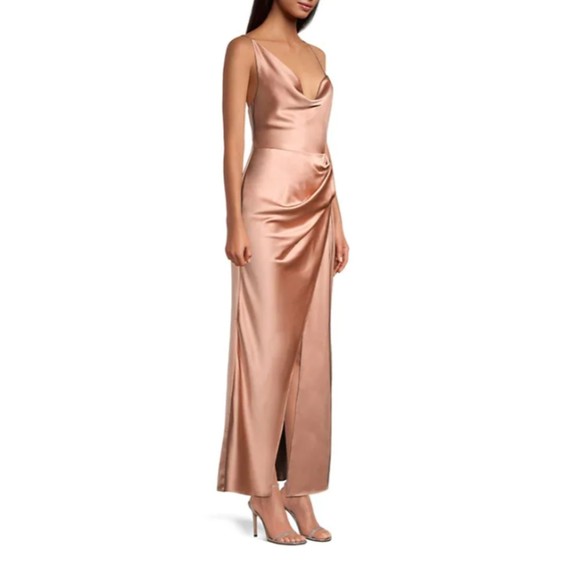 NWT Significant Other Aria Gathered Satin Maxi Dress in Nougat Size 8 Slit Hem - Picture 5 of 12